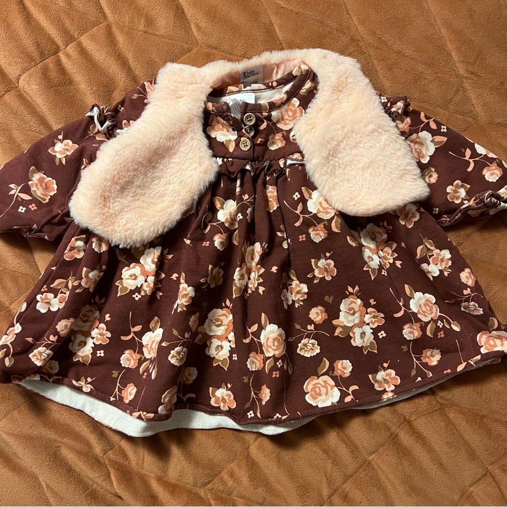 Baby Starters Brown Floral Dress with Pink Faux Fur Vest